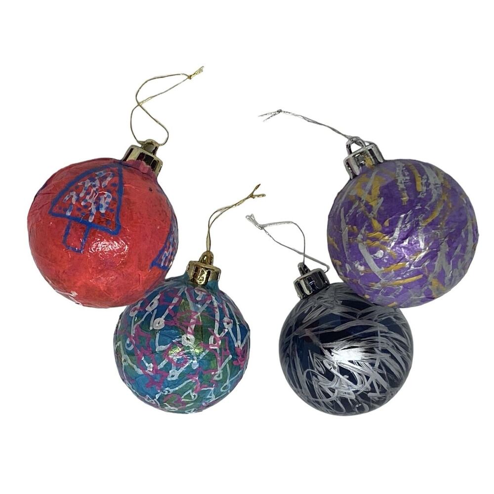 Four Christmas Ball Ornaments Hand Painted Plastic Red Black Blue Purple Hangers